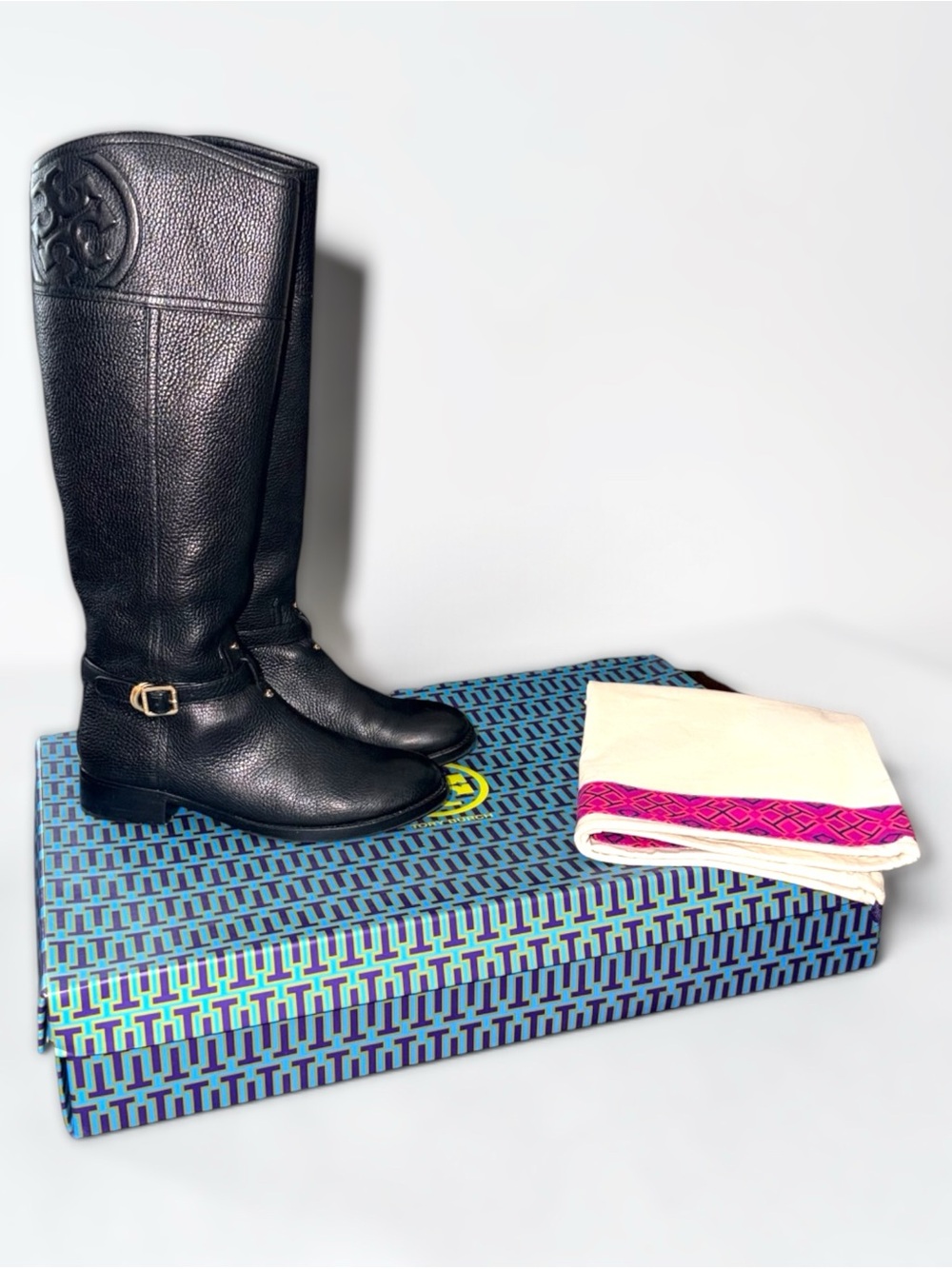 Tory Burch Marlene Black Pebbled Leather Riding Boots - Size 7.5